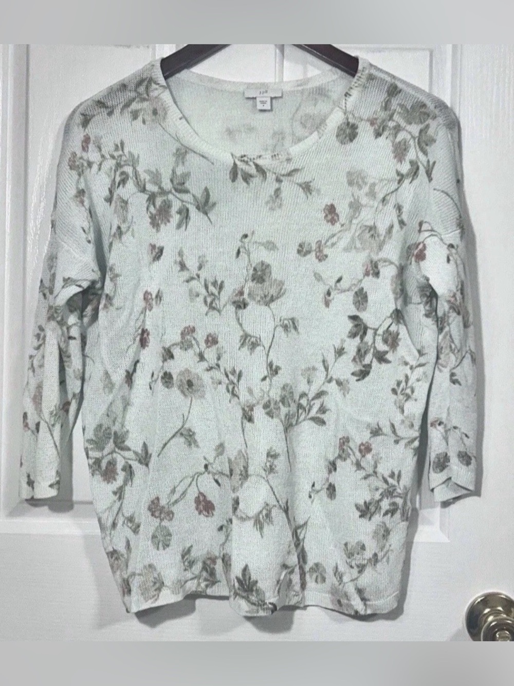 J. Jill Mint Floral Meadow Linen Blend Knit Sweater Top M Light Botanical Print
